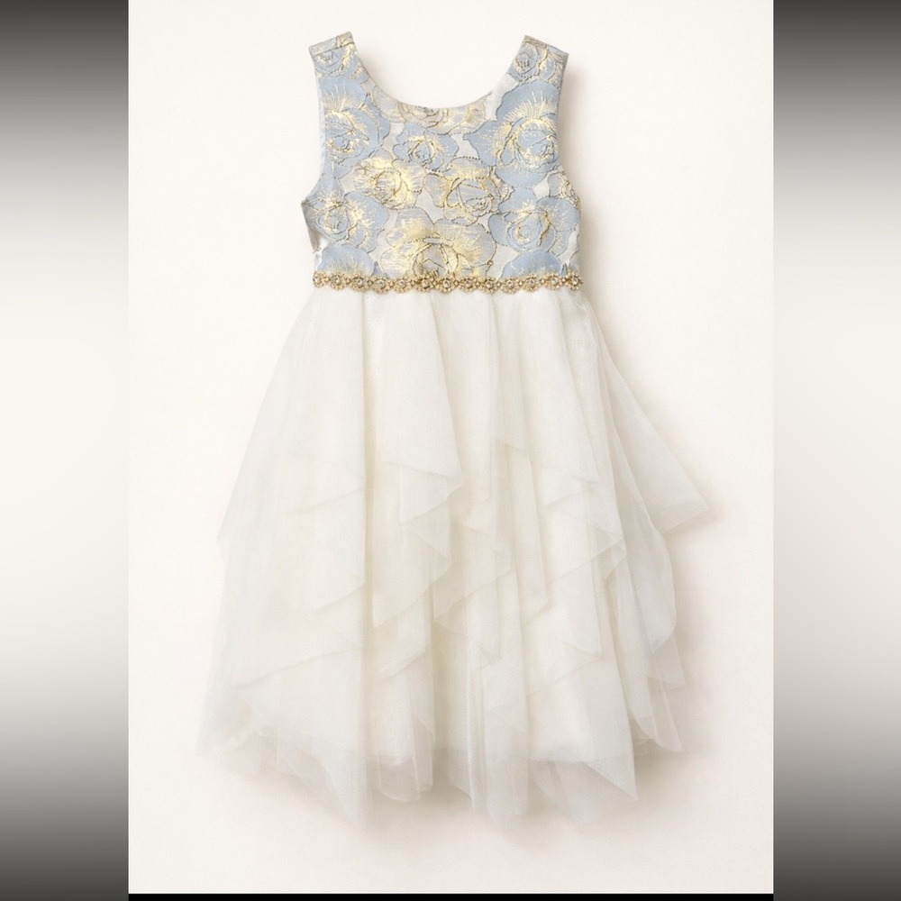 American Princess Jacquard  Blue and white, Rhinestone Embellished Dress, Size 5